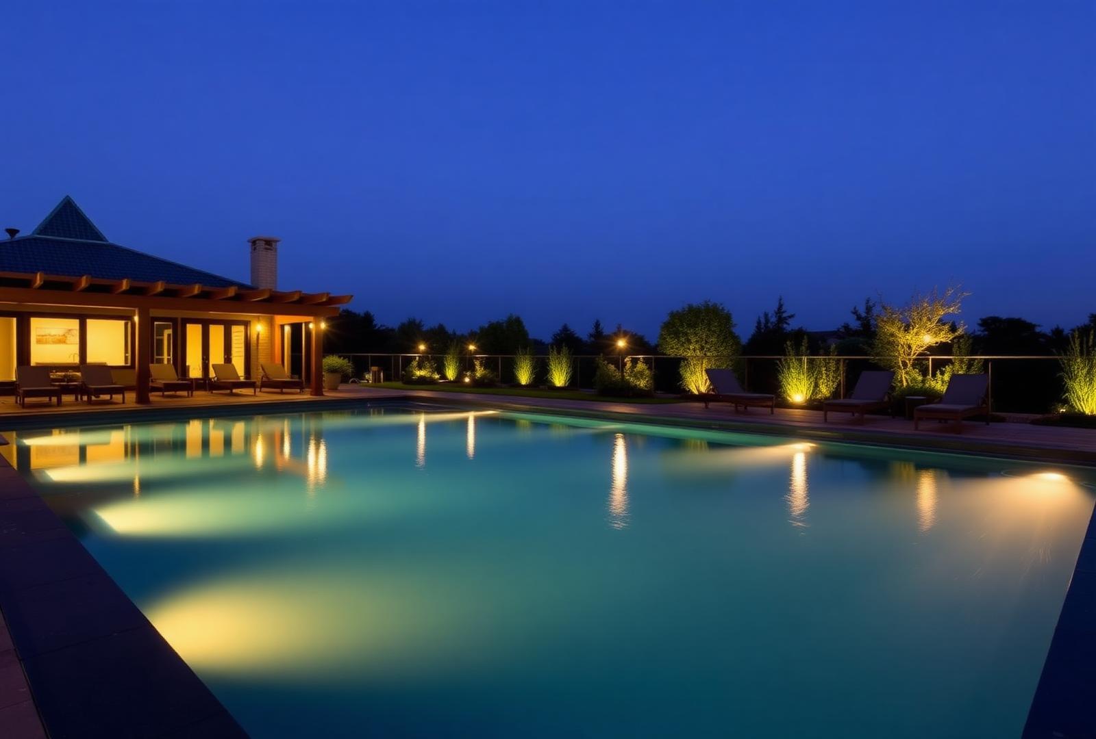 The pool terrace at dusk